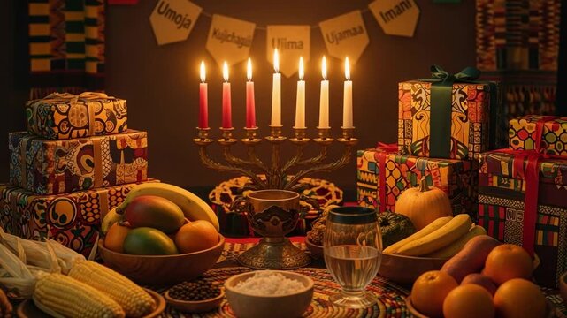 Umoja Kujichagulia Ujima Ujamaa Imani; A festive table set for Kwanzaa celebration with a Kinara, candles, traditional fruits, and gifts wrapped in African prints.