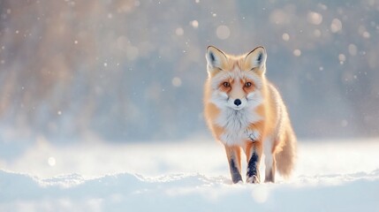 Red fox walking through snow landscape
