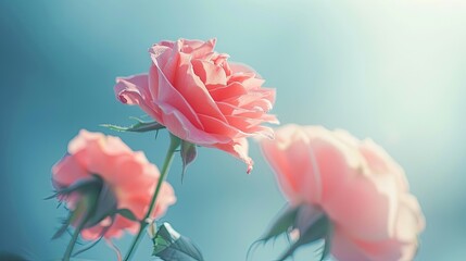 Delicate pink roses against a soft sky