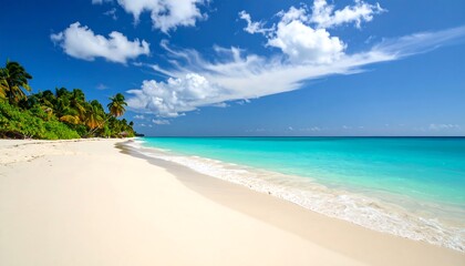 Fototapeta premium Stunning tropical beach with white sand, turquoise waters, and clear blue skies, perfect for travel and tourism designs.
