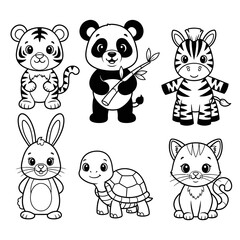 Adorable black and white cartoon animal set for coloring pages, featuring a tiger, panda, zebra, rabbit, turtle, and kitten.