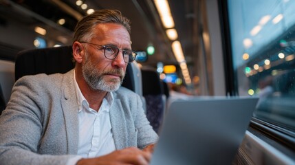 A professional person using a laptop on a modern train