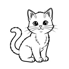 Adorable cartoon kitten with big eyes and a fluffy chest. Black and white line art illustration.