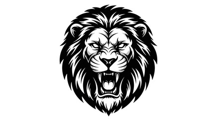 Stylized black and white roaring lion head with a fierce expression and sharp fangs.