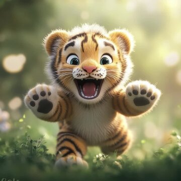 Playful Tiger Cub with a Wide-Eyed Expression in a Natural Setting