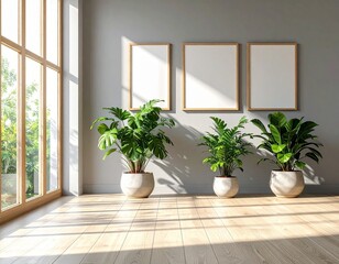 햇살 가득한 거실의 액자와 화분 목업 Sunlit Living Room Frame and Plant Mockup