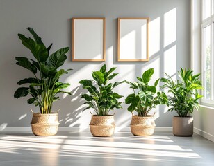 Fototapeta premium 햇살 가득한 거실의 액자와 화분 목업 Sunlit Living Room Frame and Plant Mockup