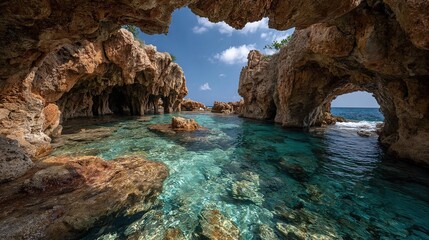 Fototapeta premium Ocean Cave Entrance with Turquoise Water and Blue Sky. Enchanting and Serene Coastal Scene.