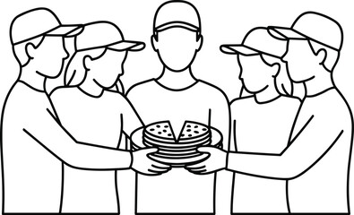 Flat vector illustration of group of people holding pizza slices together symbolizing sharing, teamwork, friendship, unity, celebration, and community gathering