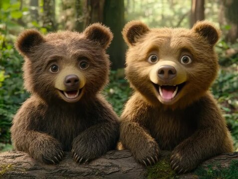 Two Friendly Brown Bears Smiling Together in a Forest Environment