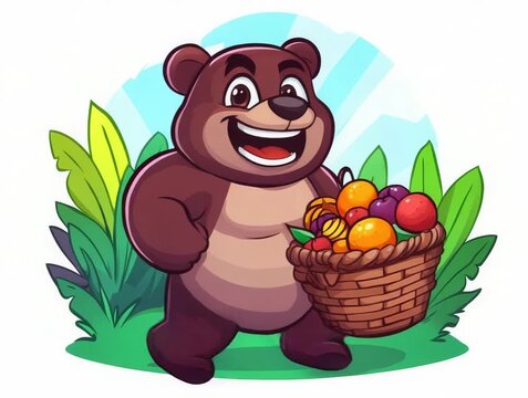 Cheerful Animated Bear Carrying a Basket of Colorful Fruits