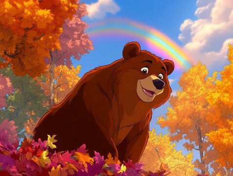 Cheerful Brown Bear in an Autumn Forest with Rainbow and Colorful Leaves