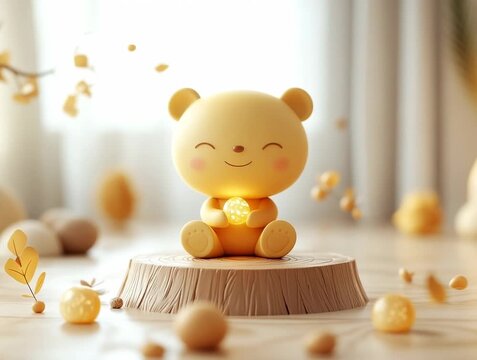 Cheerful Teddy Bear Ornament Sitting on a Stump with Soft Lighting