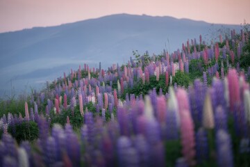 Naklejka premium Vast field of purple lupine flowers on a mountain slope at dusk