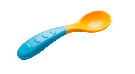 Baby food spoon shines brightly in studio shot, isolated on black background, food concept