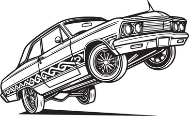 Obraz premium Black and White Lowrider Car – Tattoo Style Vector Illustration