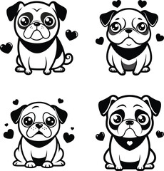 Playful black pug dog character silhouette white,Black pug dog silhouette on white background animal