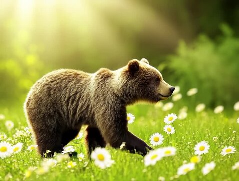 Brown Bear in a Meadow of Wildflowers on a Sunny Day