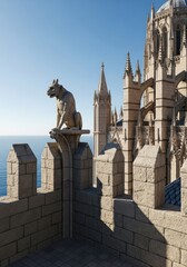 Gargoyle guardian overlooking coastal architecture on a clear bright day