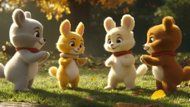 Adorable Animated Animal Friends Holding Hands in a Sunny Outdoor Scene