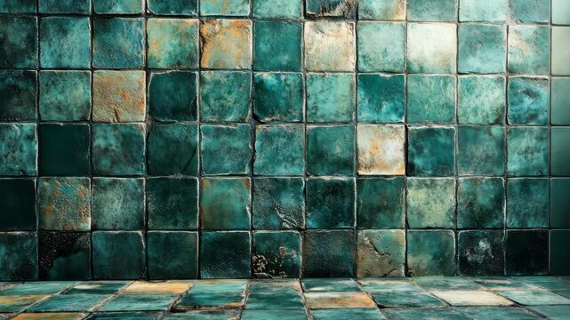 Textured teal tiles create a rustic backdrop, showcasing unique patterns and colors