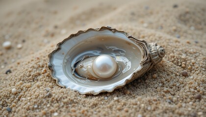 Luminous pearl nestled within an oyster shell, lying on a bed of fine, golden sand near the shore.