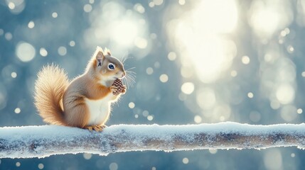 Red squirrel on spruce branch looking at delicious cone. Winter forest with snowy trees and snowfall.
