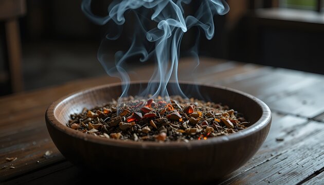 Aromatic herbs and spices in wooden bowl release fragrant smoke on rustic table top detail