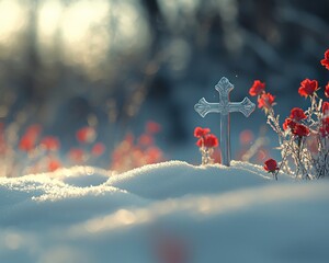 Silver cross in snow, surrounded by red flowers.  Sunlight filters through the wintry scene
