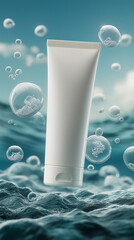 Product Tube Mockup Floating on Ocean Waves with Bubbles