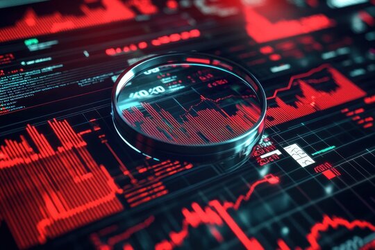 Magnifying glass focuses on a financial chart, highlighting market analysis and investment trends with red lines and data points, suggesting a detailed examination of stock performance.