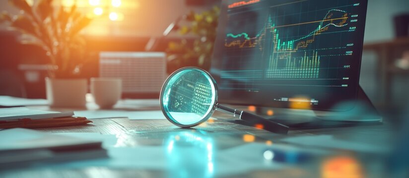 Magnifying glass rests on a wooden desk, reflecting a financial chart displayed on a laptop screen, surrounded by papers and office supplies, suggesting data analysis and research. - Powered by Adobe