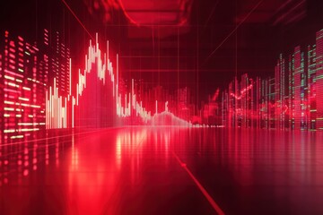 Red financial graph shows market trends, with a dynamic display of data points and lines, ideal for illustrating economic analysis and investment strategies in a modern context.
