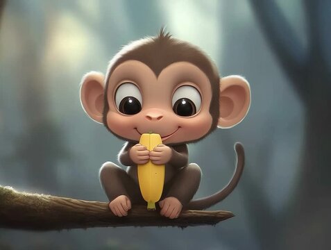 Adorable Cartoon Monkey with Banana Sitting on a Branch