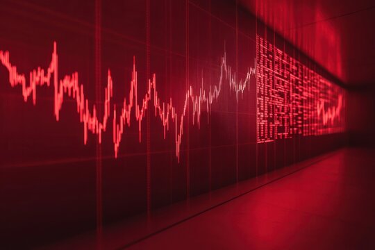 Red stock market chart displays financial data, showcasing a line graph with fluctuating trends and gridlines, ideal for illustrating economic downturns and investment risks. - Powered by Adobe