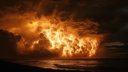 Fiery Storm Clouds Over Ocean Horizon