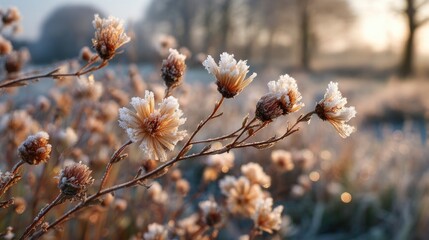 Frosted wildflowers at dawn