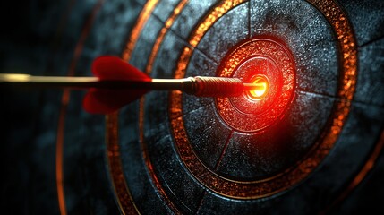 Focused arrow hitting bullseye on ornate stone target