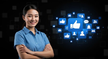 Social Media Connection: A smiling individual, arms crossed confidently, stands before a dynamic display of social media icons and interactive symbols.