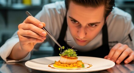 Young Male Chef Meticulously Plating Gourmet Scallop Dish in Professional Kitchen