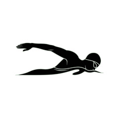 Fototapeta premium A sleek black silhouette of a swimmer with a cap and goggles performing the front crawl stroke.