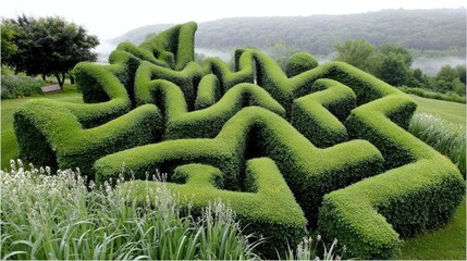 Intricate hedge maze in a garden setting