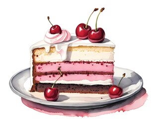 Half-painted sketch of a cake slice with layered frosting and a cherry on top