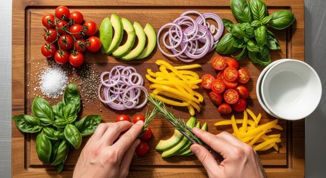 Fresh Healthy Vegetables and Herbs Prepped for Cooking on a Wooden Board, Overhead View - Powered by Adobe