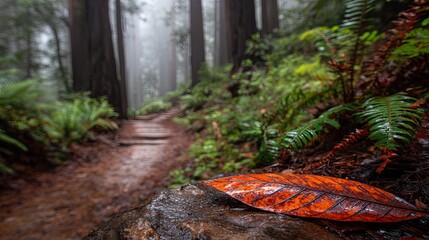 A fallen, orange-brown leaf rests on a mossy rock at the edge of a damp forest trail.  Misty redwood trees line the path