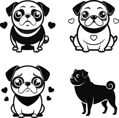 Playful black pug dog character silhouette white,Black pug dog silhouette on white background animal