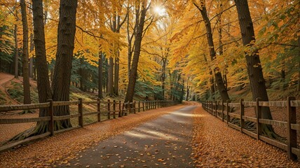 Naklejka premium Autumn's Embrace: A Peaceful Forest Path