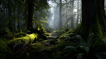 Obraz premium Sunlight filters through a misty forest path.