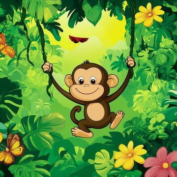 Smiling Cartoon Monkey Swinging in a Lush Tropical Rainforest