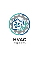 Fototapeta premium Modern hvac service emblem with house, fan and arrow design, vector concept